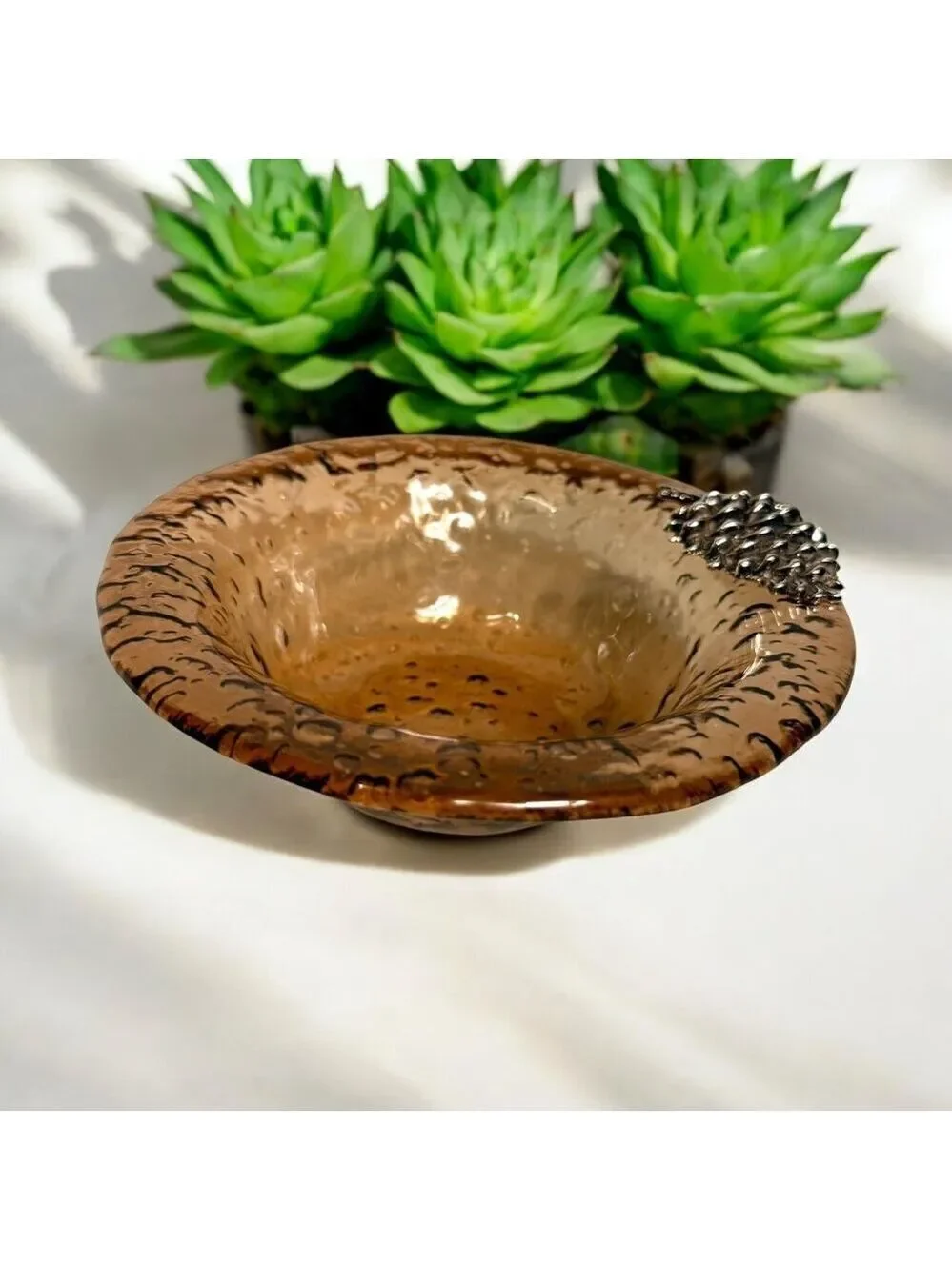 Amber Art Glass Dish Pinecone Embellishment
